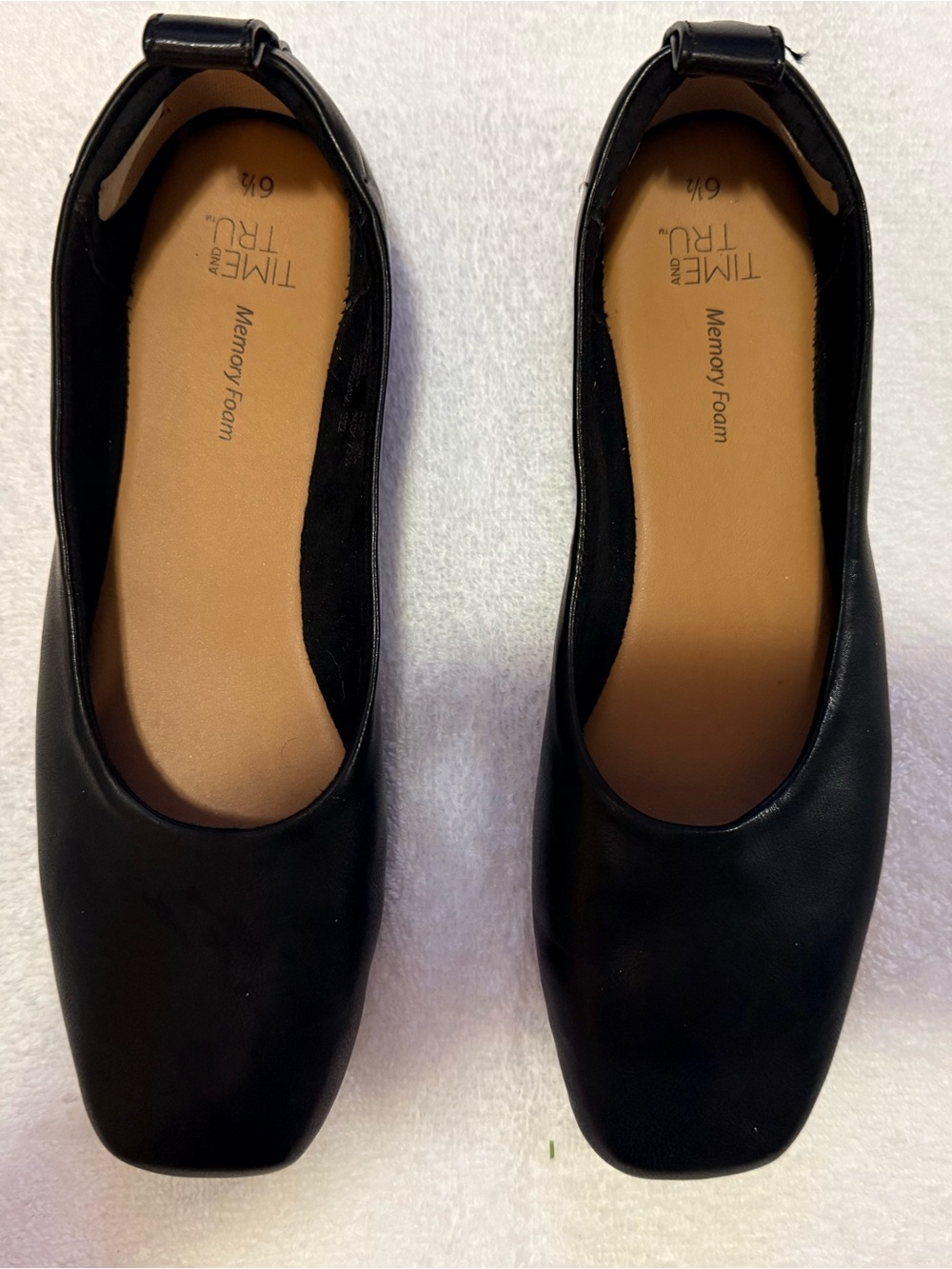 Size 6.5 Time and Tru Black Women's Square-Toe Memory Foam Flats